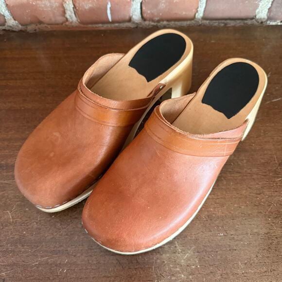 Swedish Hasbeens Shoes - Swedish Hasbeens Husband Mule Clogs Tan Brown Leather Wood Heel Size 40